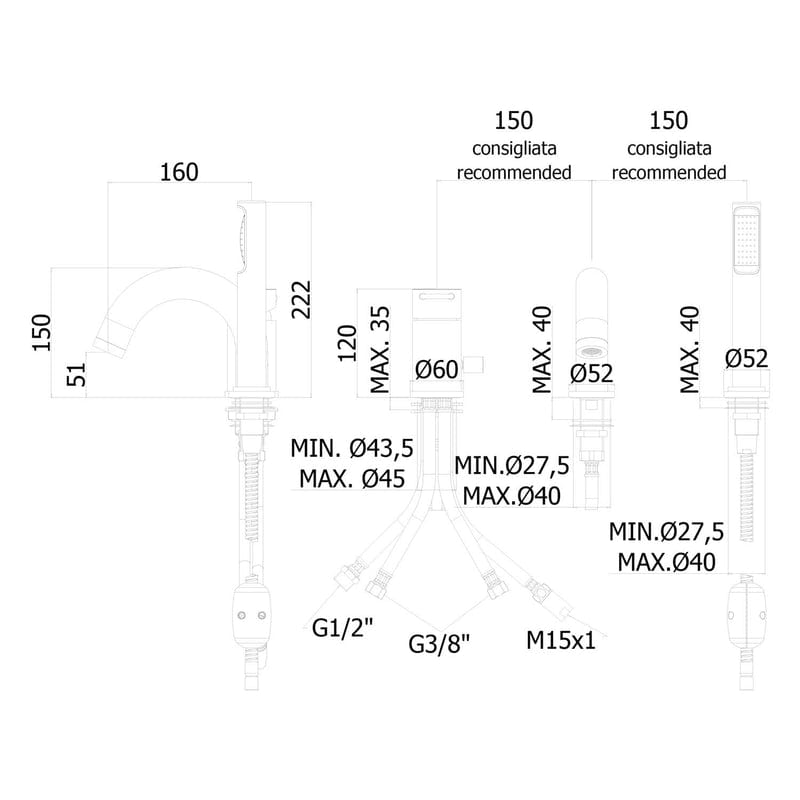 Mitigeur monocommande trois trous sur gorge PIANURA Stella à débit augmenté