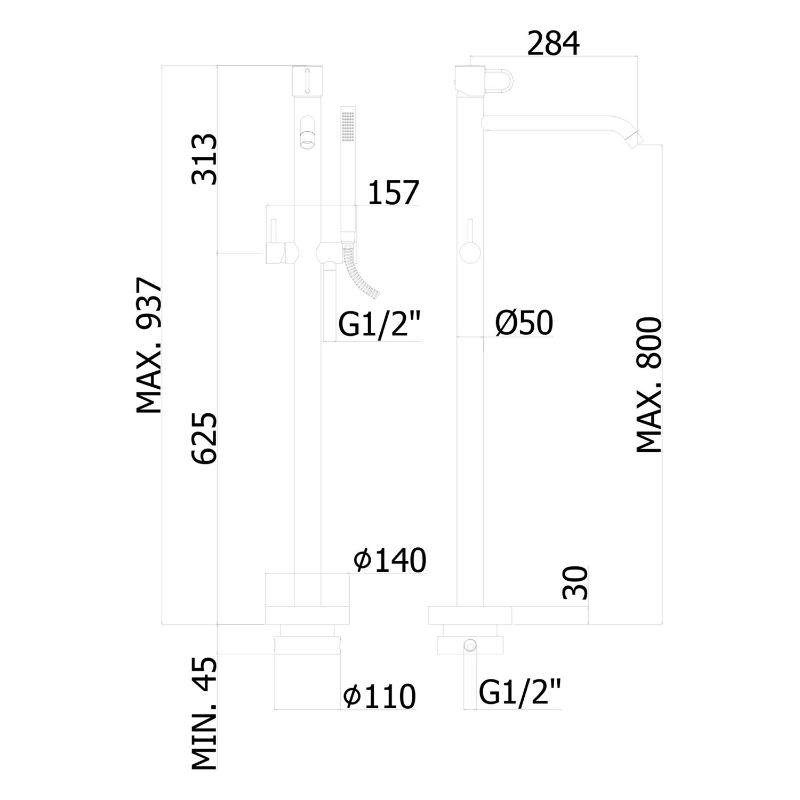 pianura Stella mitigeur monocommande de bain sur pied, montage au sol