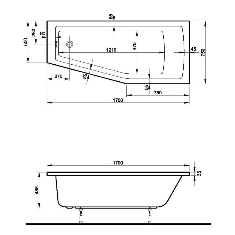 pianura Gina baignoire gain de place 170 x 75 cm coin droit
