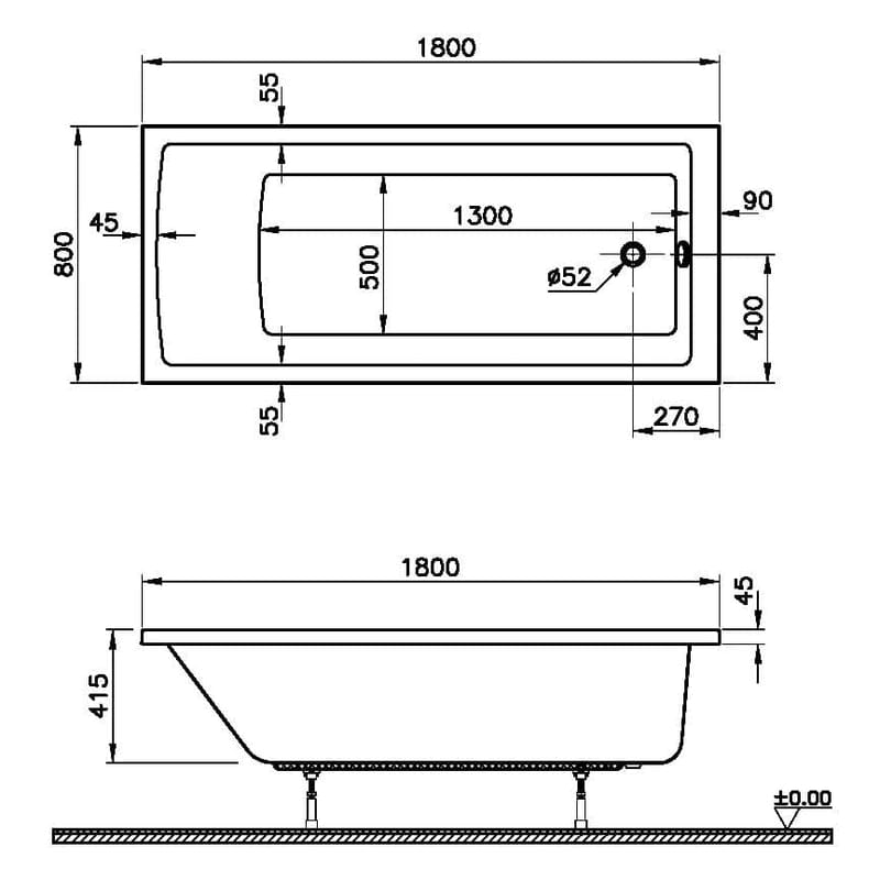 Baignoire PIANURA Gina Solo 180 x 80 cm