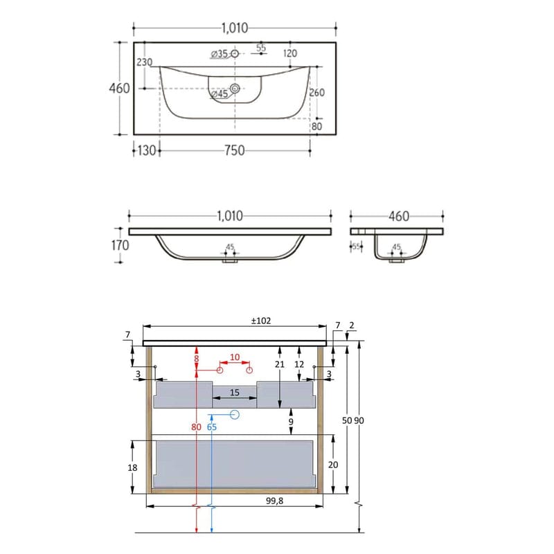 Lavabo PIANURA Stella avec meuble bas 121 cm, avec 2 trous pour robinetterie