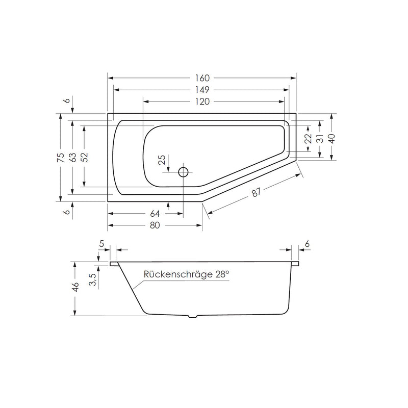 Steinkamp Life baignoire peu encombrante 160 x 75 cm, droite