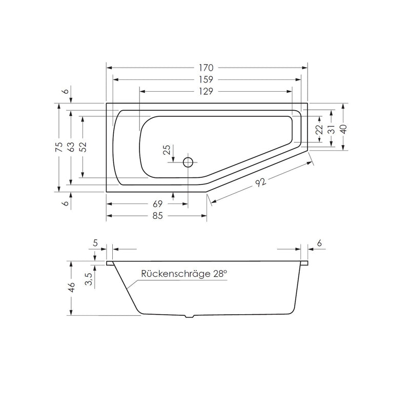 Steinkamp Life baignoire gain de place 170 x 75 cm droite