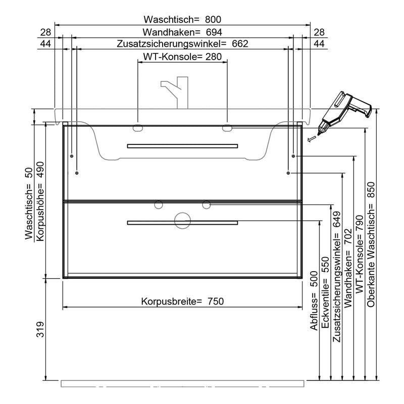 Meuble sous-vasque Steinkamp Living 2.0 75 cm avec meuble sous-vasque Villeroy & Boch Subway 3.0 80 cm sans trop-plein
