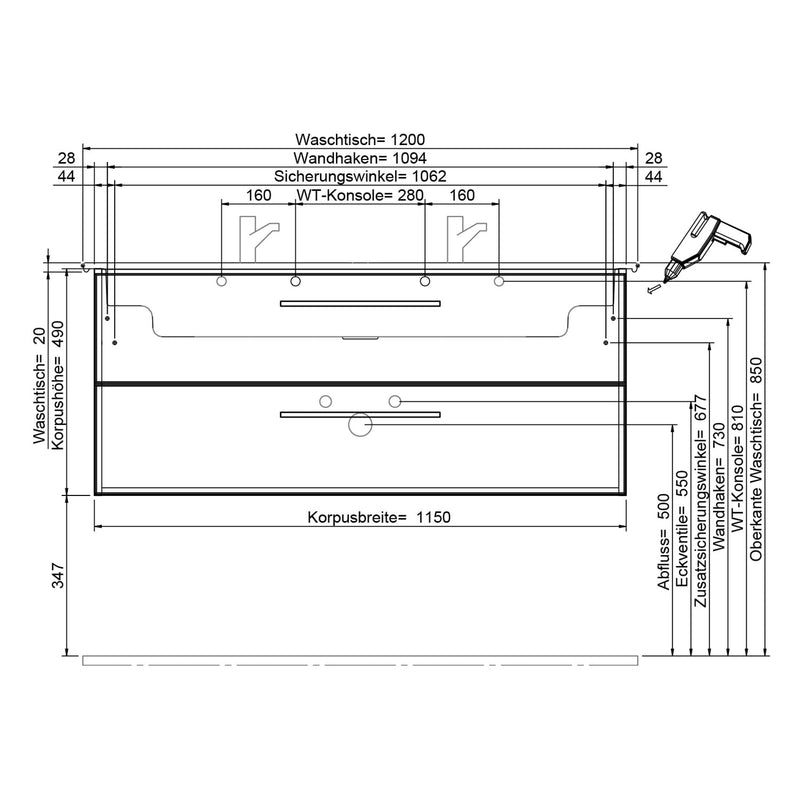 Steinkamp Living 2.0 meuble sous-vasque 115 cm avec meuble sous-vasque Villeroy & Boch Venticello 120 cm CeramicPlus avec trop-plein et 2 trous de robinetterie