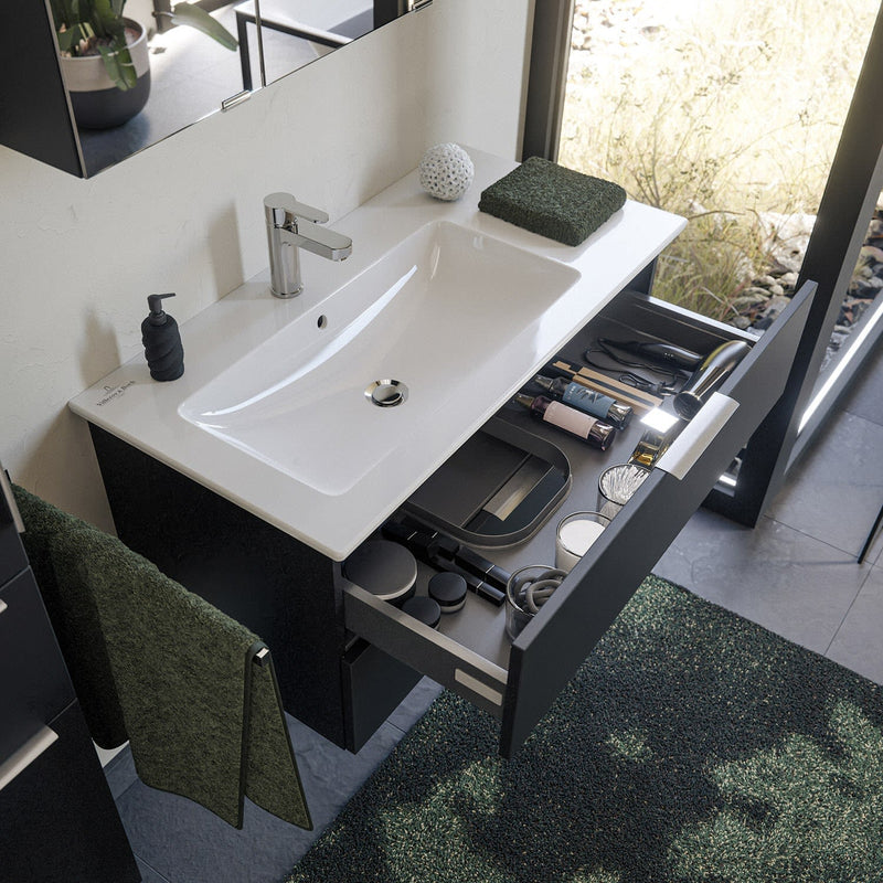 Steinkamp Living 2.0 meuble sous-vasque 95 cm avec meuble sous-vasque Villeroy & Boch Venticello 100 cm CeramicPlus avec trop-plein, vasque à gauche