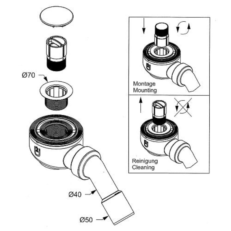 Bonde Sturotec pour receveur de douche avec plaque visible Ø 5,2 cm