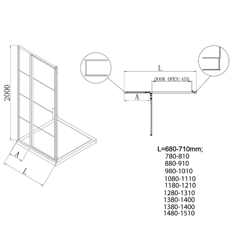 Porte tournante STUROTEC 3060 avec élément fixe 100 x 200 cm pour niche avec nano-revêtement