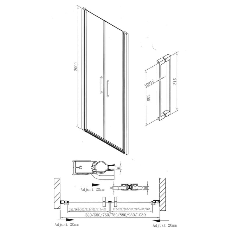 STUROTEC 6090 2 portes battantes pour niche 90 x 200 cm avec revêtement nano