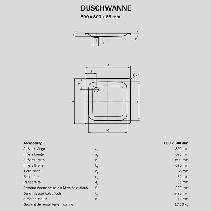 STUROTEC Receveur de douche plat Sturo 80 x 80 x 6,5 cm