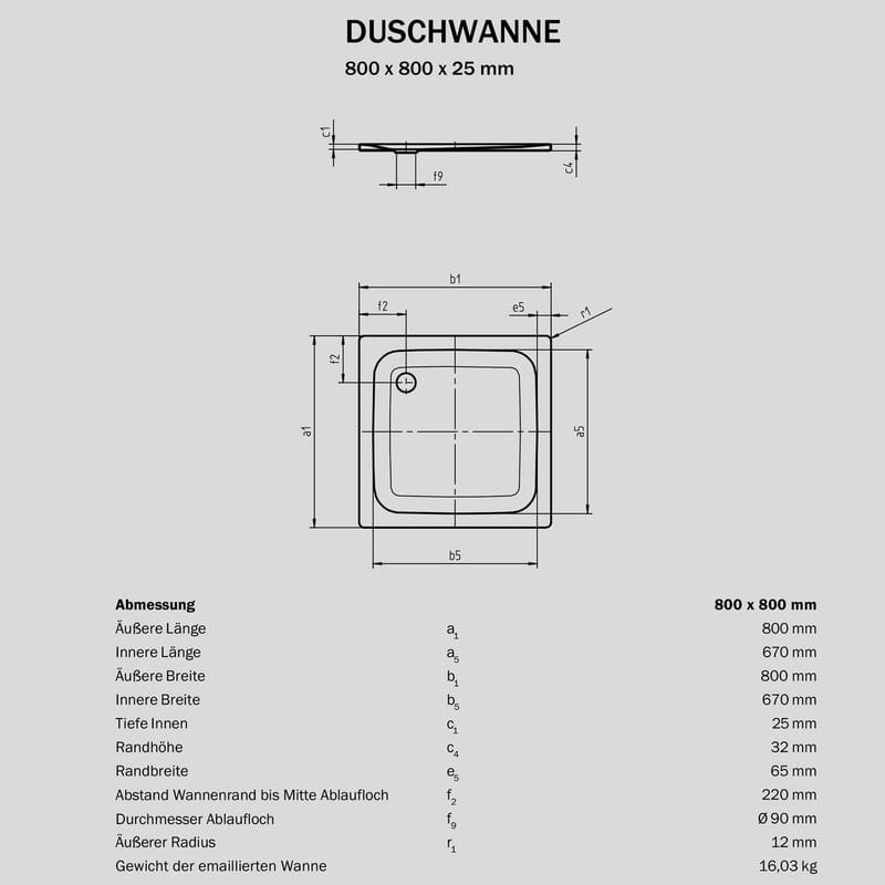 STUROTEC Receveur de douche super plat Sturo 80 x 80 x 2,5 cm