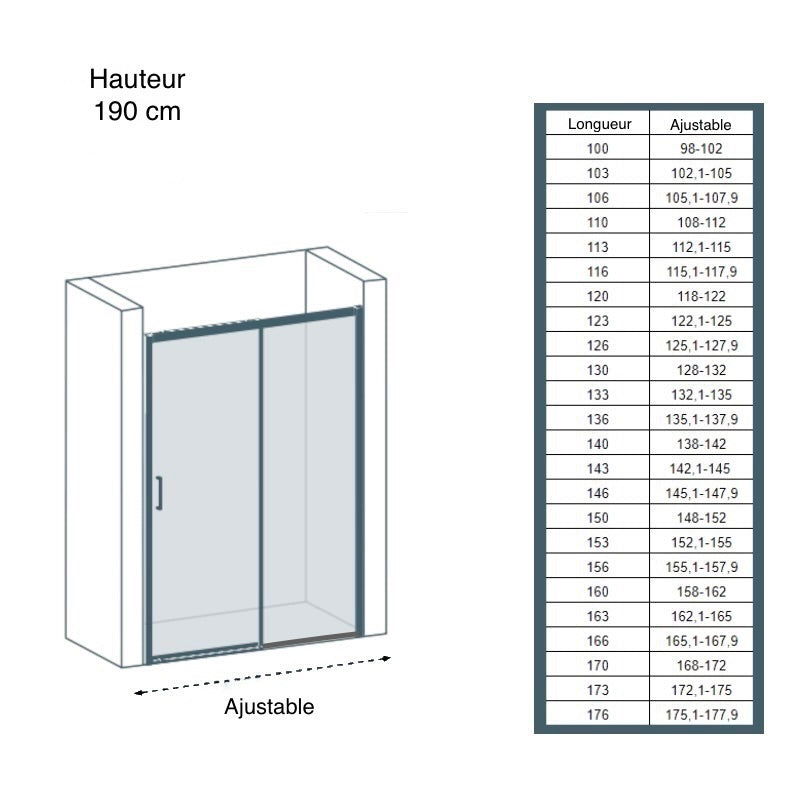 Dimensions Paroi de douche fixe + porte coulissante ZURICH - Le Monde du Bain