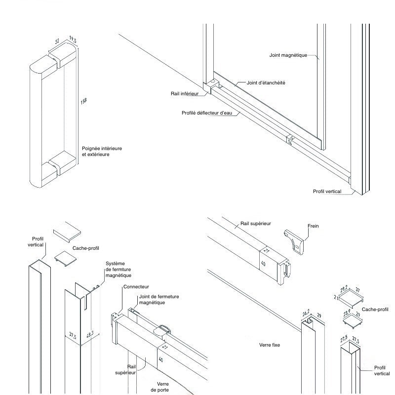 Détails techniques Paroi de douche fixe avec Porte coulissante + Paroi latérale TOKIO - Le Monde du Bain