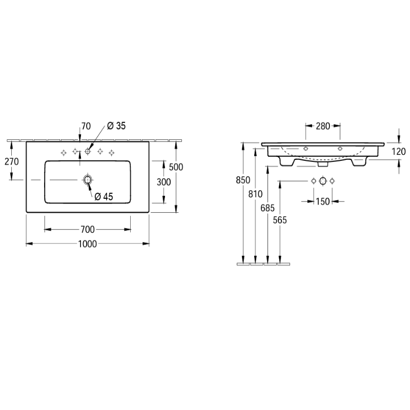 Ensemble meuble Living 2.0 avec vasque Venticello 100 cm avec trop-plein et trou de robinetterie, blanc