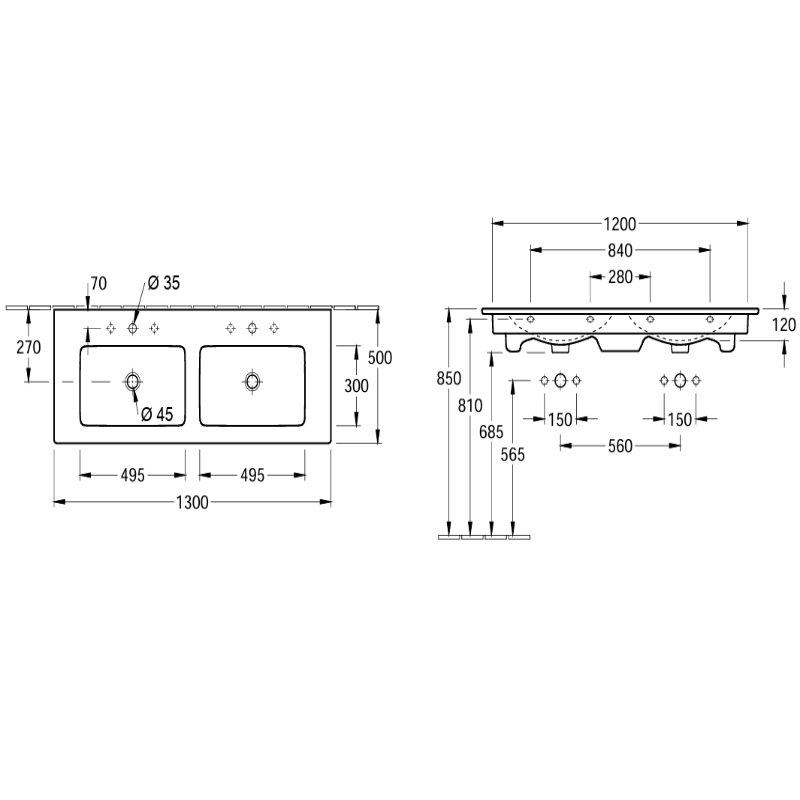 Ensemble meuble Living 2.0 avec double vasque Venticello 130 cm, avec trop-plein et trou de robinetterie, chêne d&