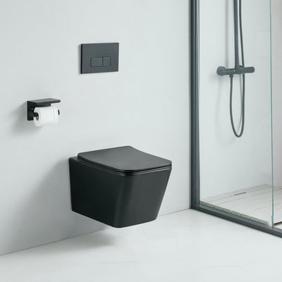 Vue de profil Cuvette WC suspendu CALETO noir mat - sans bride et avec frein de chute