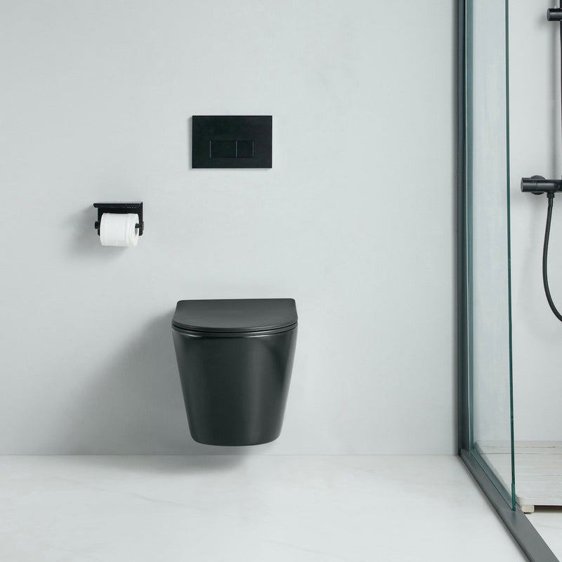 Vue de devant Cuvette WC suspendu TERCERO noir mat - sans bride et avec frein de chute
