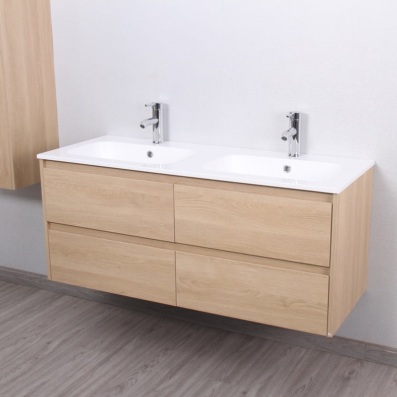 Meuble salle de bain design double vasque FORTINA largeur 120 cm, chêne clair