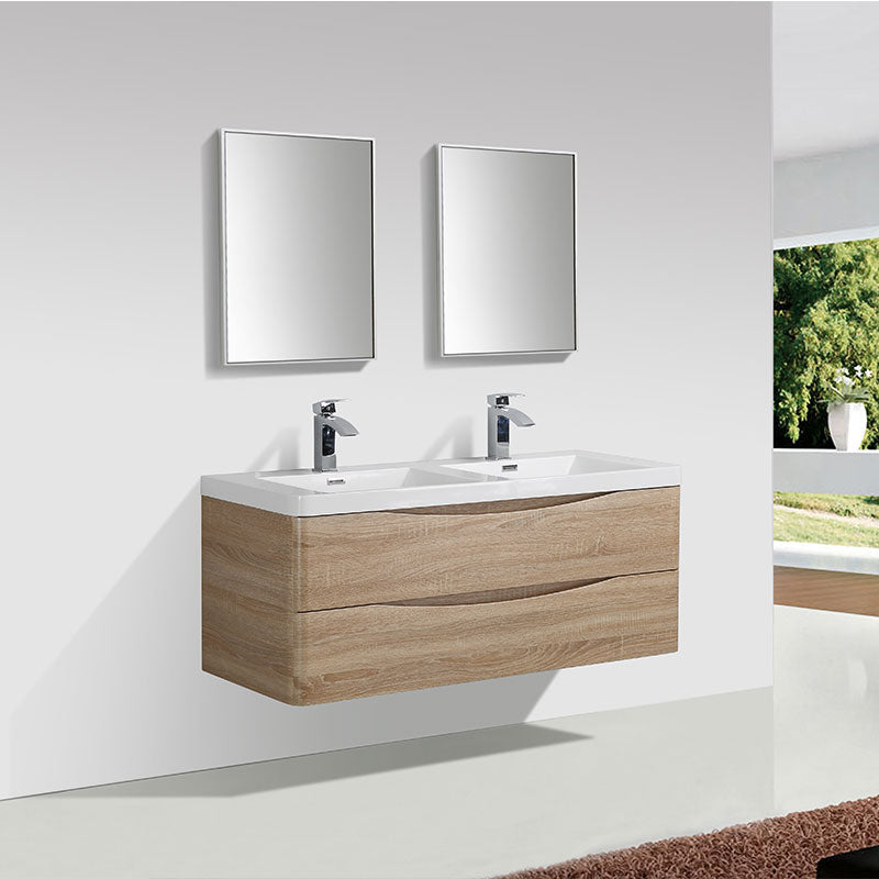Meuble salle de bain design double vasque PIACENZA largeur 120 cm, chêne clair