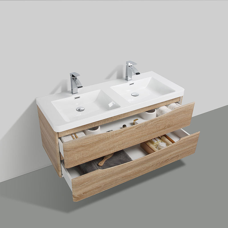 Meuble salle de bain design double vasque PIACENZA largeur 120 cm, chêne clair