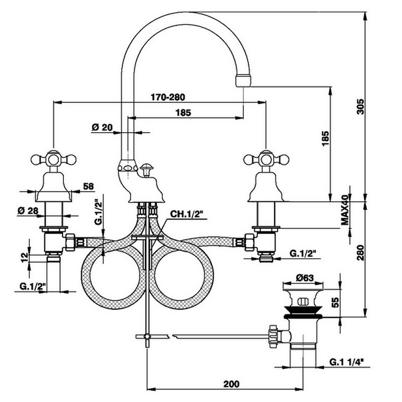 Robinet mélangeur haut CISAL ARCANA CERAMIC, 3 trous