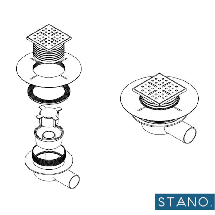 Vue éclatée bonde horizontale DINO pour receveurs à carreler Ø90 avec grille en acier inoxydable