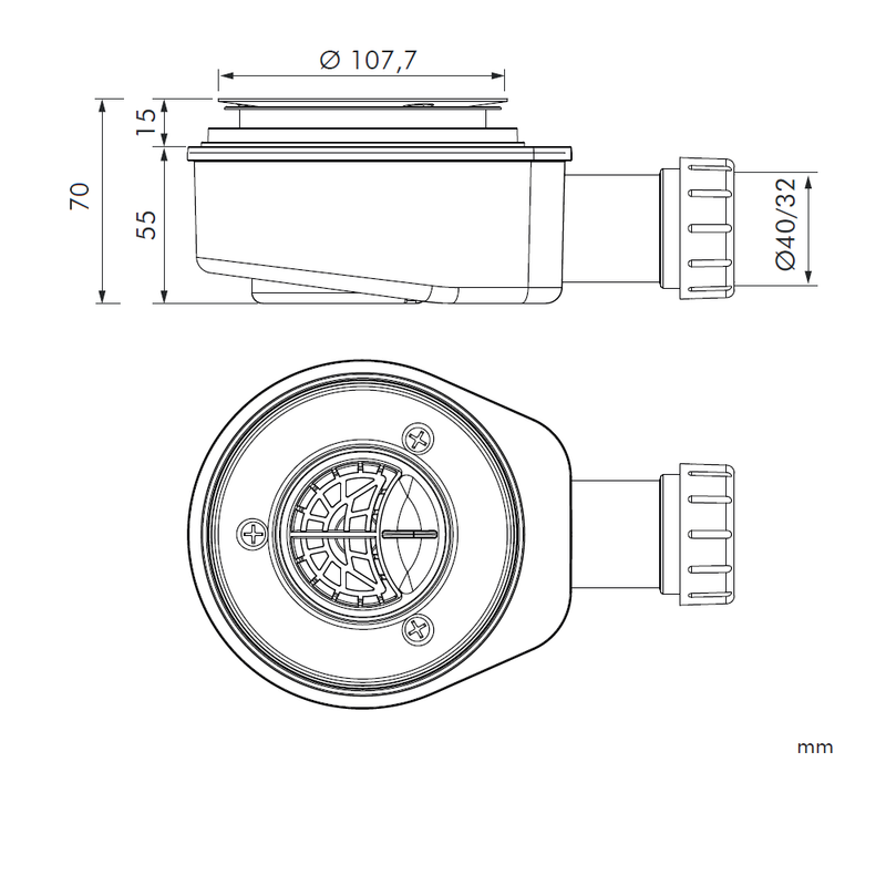 Dimensions - Bonde horizontale Sanycces Ø90 mm pour receveur de douche - Le Monde du Bain