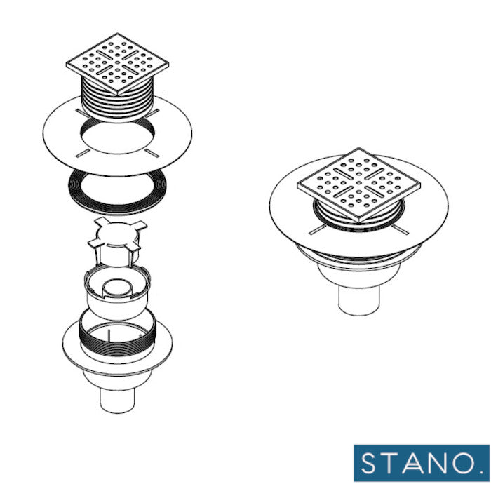 Vue éclatée bonde verticale DINO pour receveurs à carreler Ø90 avec grille en acier inoxydable