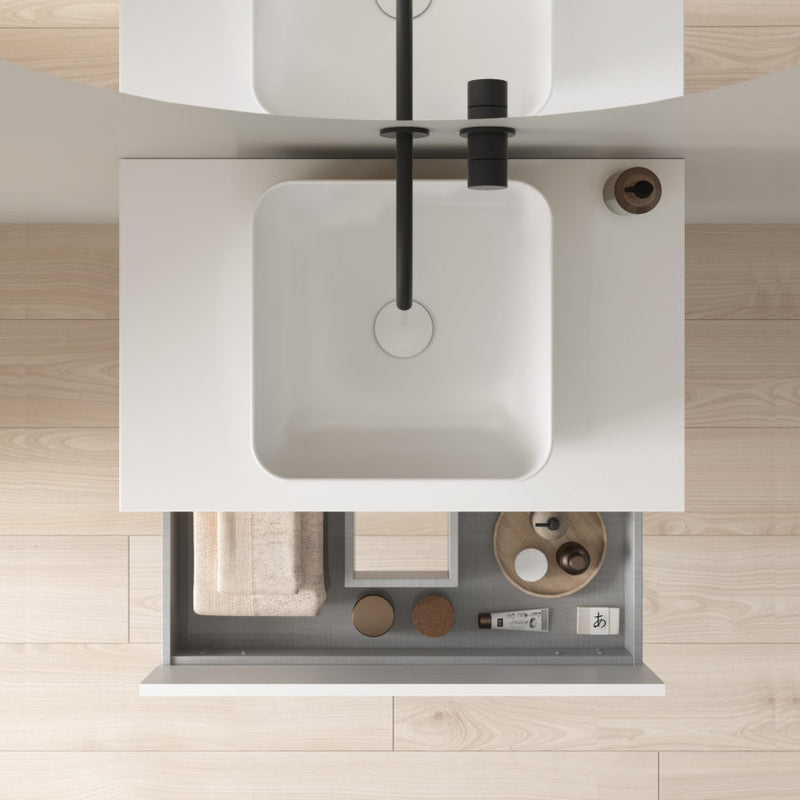 Meuble salle de bain en bois suspendu avec vasque posee NIWA blanc brillant