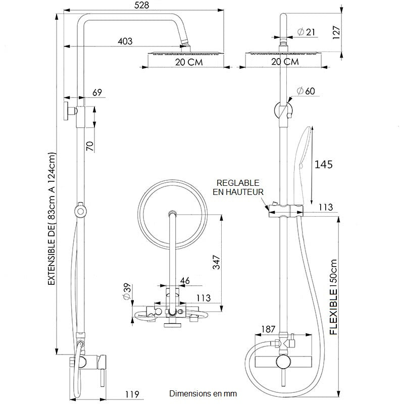 Dimensions - Colonne de douche mitigeur GINO - Le Monde du Bain