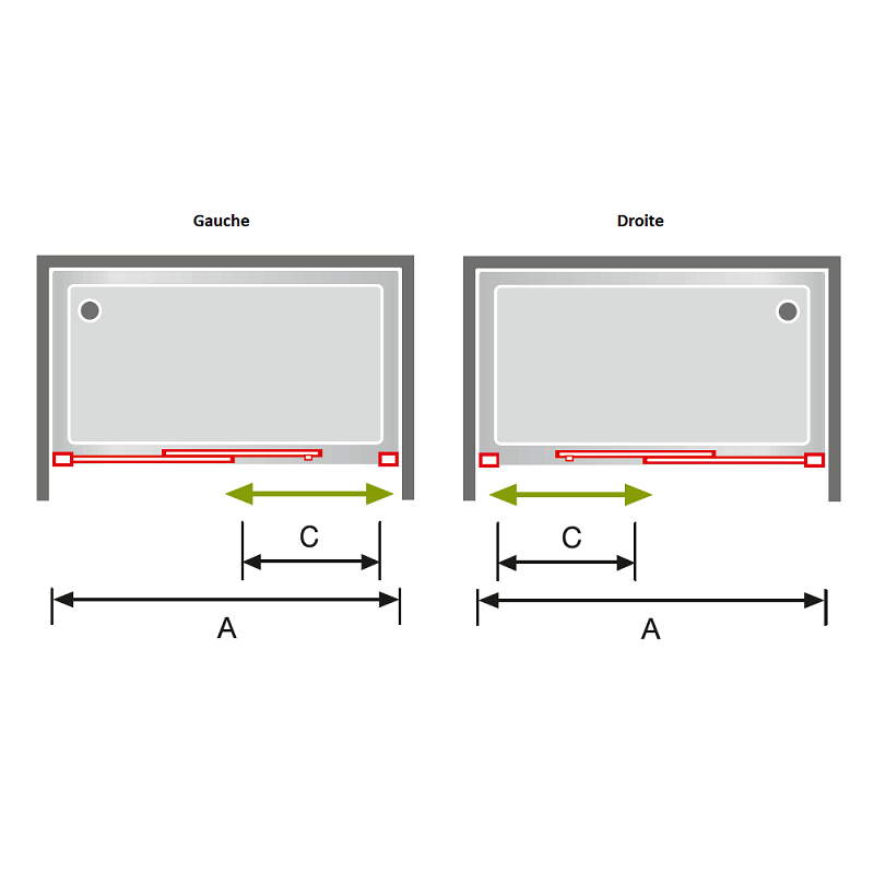 Schéma de visualisation pour tableau de dimensions - paroi de douche 1 verre fixe et 1 porte coulissante DELTA - Le Monde du Bain