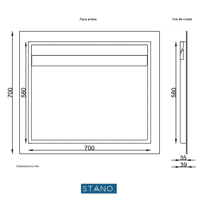 Dessin technique - Miroir rectangulaire sans cadre DORIA largeur 40 cm - Le Monde du Bain