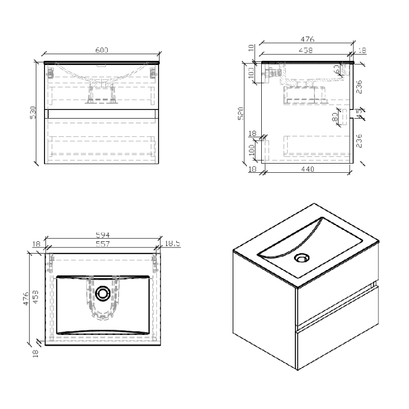 Dimensions Meuble salle de bain design simple vasque SIENA largeur 60 cm, blanc laqué - Le Monde du Bain