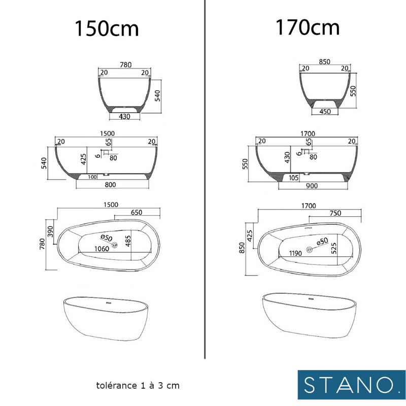 Dimensions - Baignoire îlot design en solid surface ovale HELSINKI- Le Monde du Bain