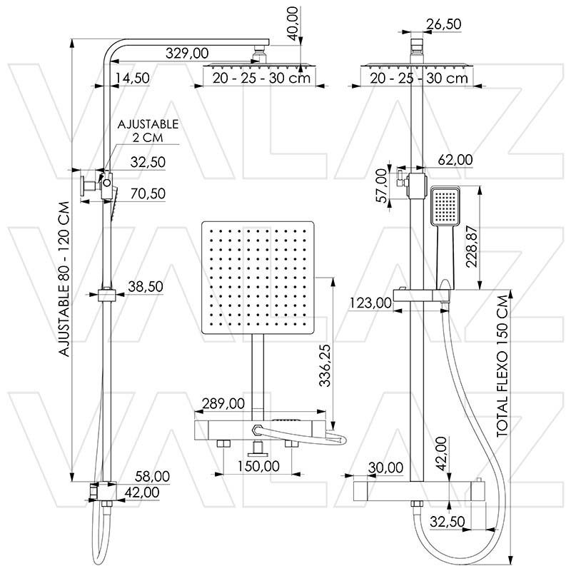 Dimensions - Colonne de douche thermostatique NILA noir mat - Le Monde du Bain