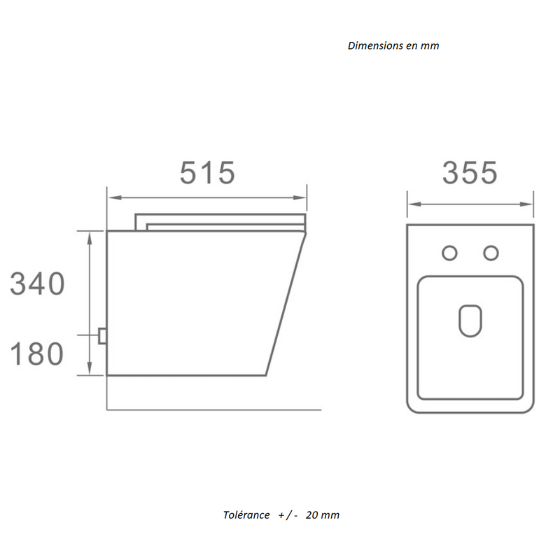 Dimensions - Cuvette WC suspendu CALETO - sans bride et avec frein de chute - Le Monde du Bain