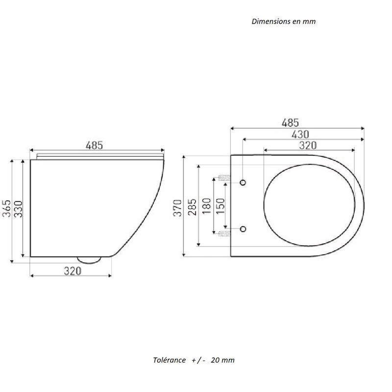 Dimensions - Cuvette suspendue sans bride blanche design DELOS - Le Monde du Bain