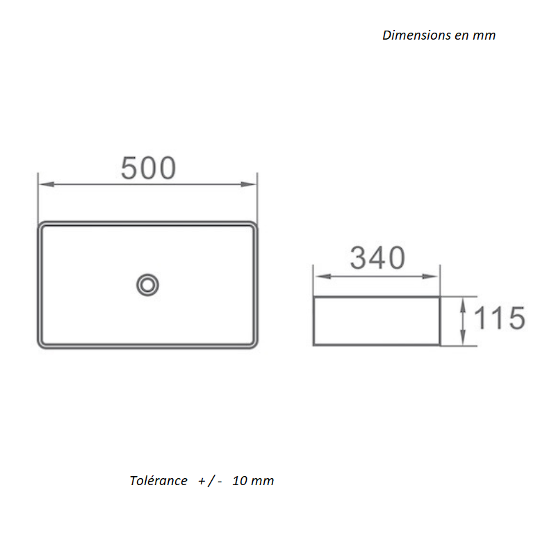 Dimensions - Vasque à poser en céramique RISTA 50 x 34 cm - Le Monde du Bain