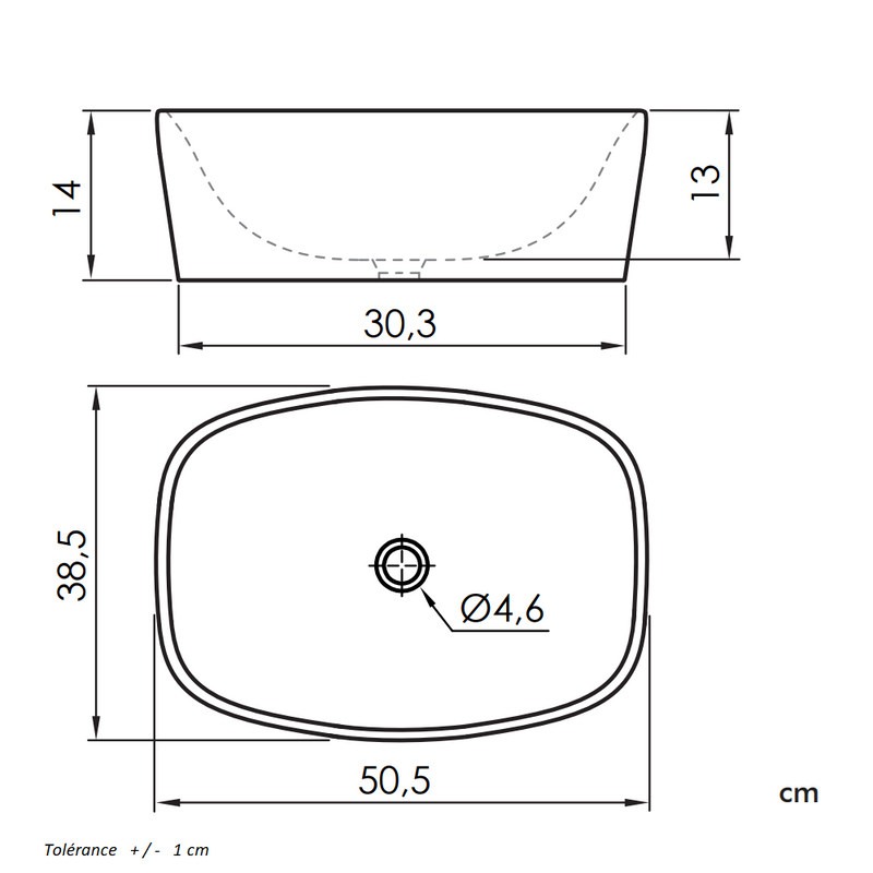Dimensions - Vasque à poser rectangulaire en céramique BALTA blanc brillant - Le Monde du Bain