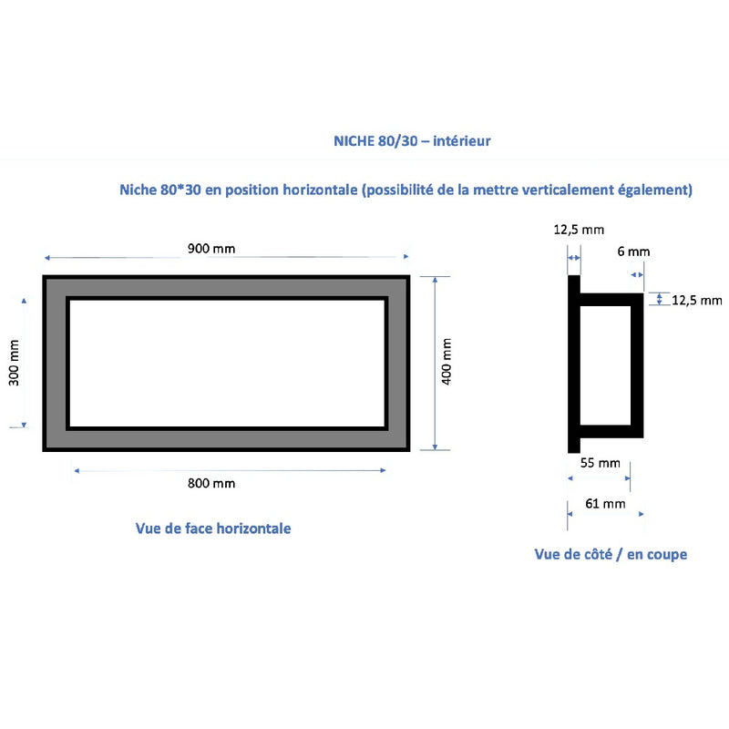 Niche à carreler étanche - Format intérieur 80 x 30 cm - 5.5 cm de profondeur