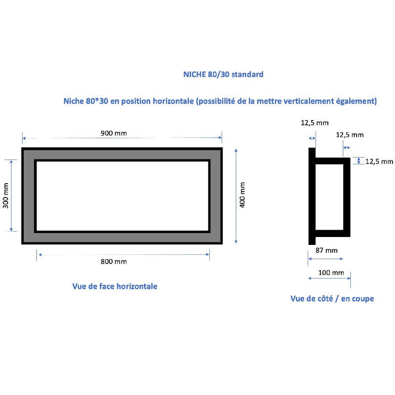 dimensions Niche à carreler étanche - Format intérieur 80 x 30 cm - 9 cm de profondeur