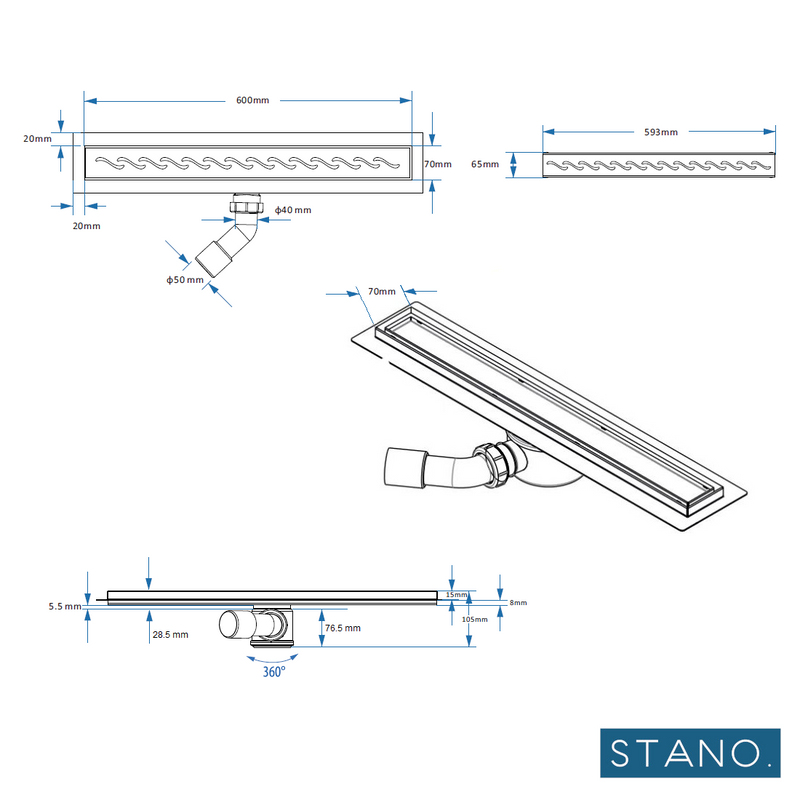 Dimensions - Bonde du receveur de douche à carreler ELIO 4 pentes avec grille linéaire - Le Monde du Bain