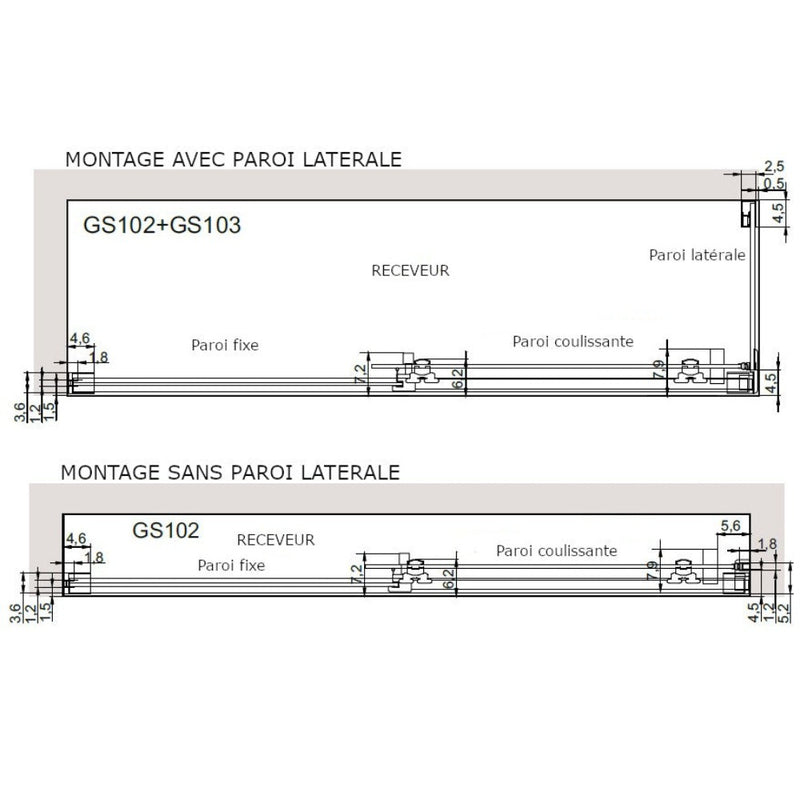 Paroi de douche fixe + Porte coulissante GLASÉ profil noir mat