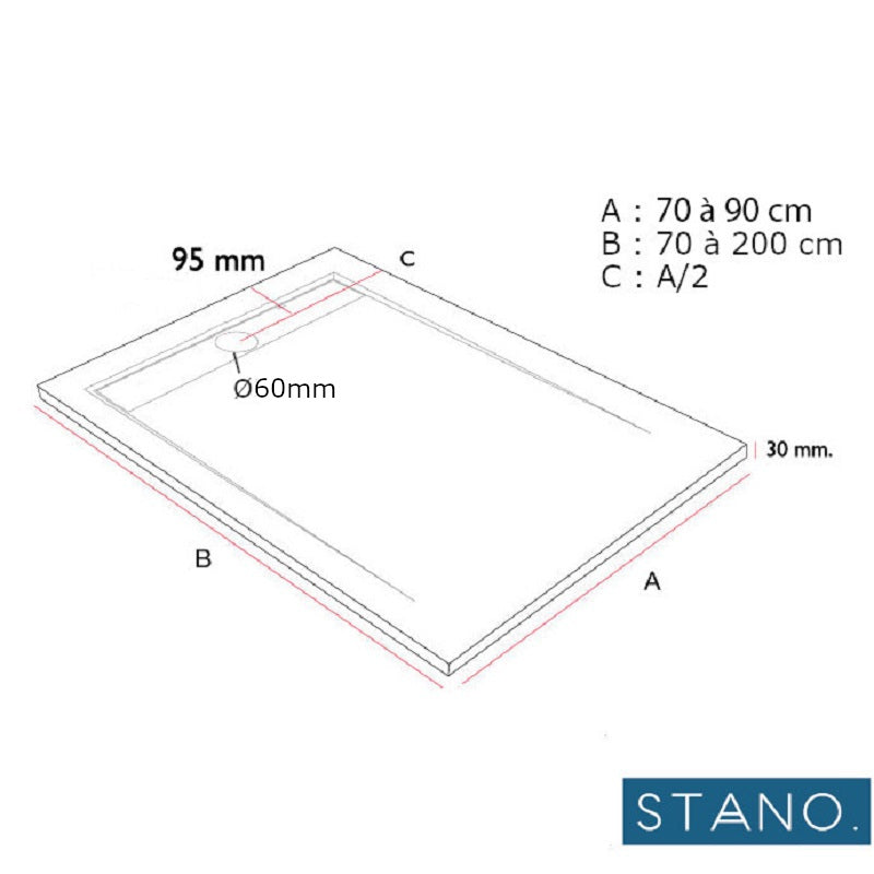 Dimensions - Receveur de douche extra plat ARCO en résine surface ardoisée beige - Le Monde du Bain