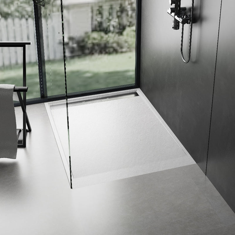 Salle de bain avec Receveur de douche extra plat LUCIA en SoliCast® surface ardoisée blanc