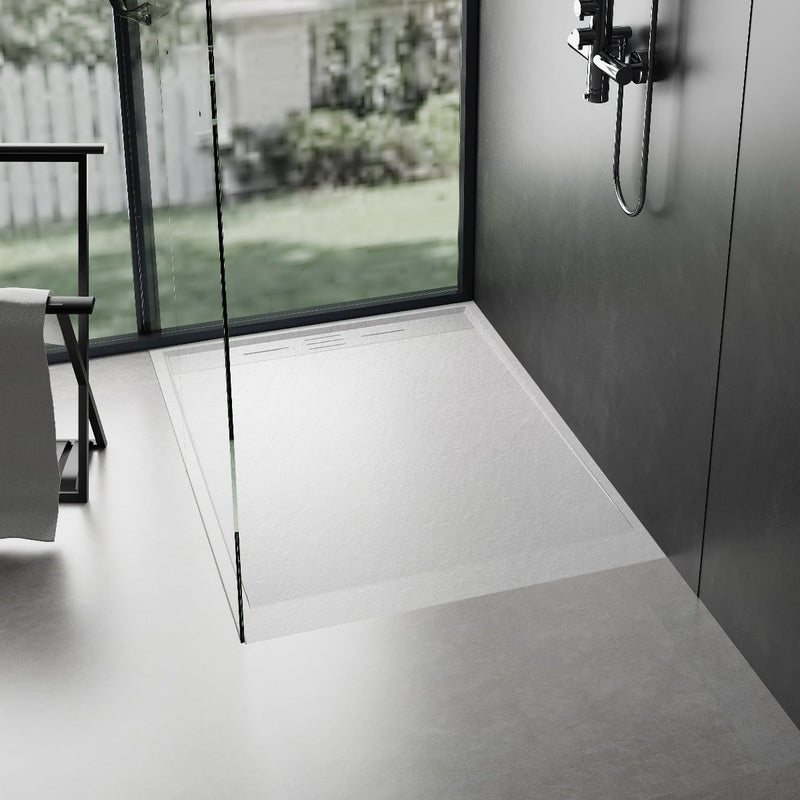 Salle de bain avec Receveur de douche extra plat SALVI en SoliCast® surface ardoisée blanc