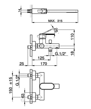 Robinet mitigeur bain/douche mural CISAL LINEAVIVA, douchette et support inclus - Le Monde du Bain