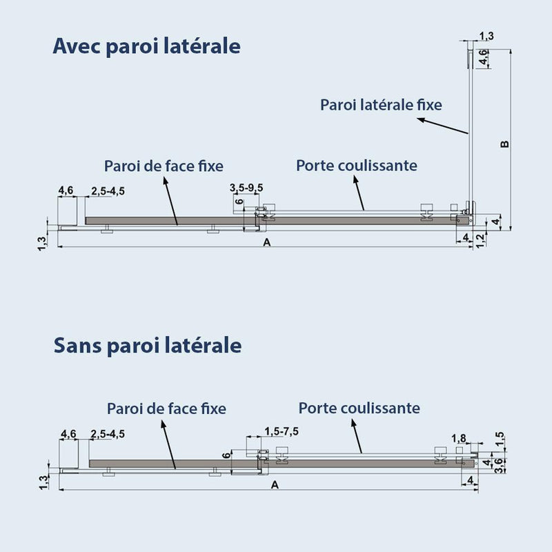 Paroi de douche fixe + Porte coulissante LUNA profil noir mat verre fumé