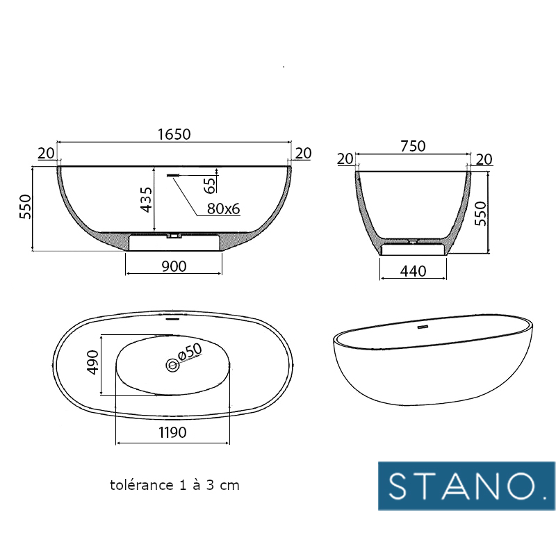 Dimensions - Baignoire îlot design en solid surface ovale MALMO - Le Monde du Bain
