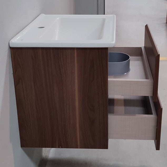 Vue de côté, tiroirs ouverts - Meuble salle de bain design simple vasque MESSINA largeur 80 cm noyer - Le Monde du Bain
